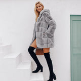 Simplee Vintage fluffy hoodie faux fur coat women Winter grey jacket