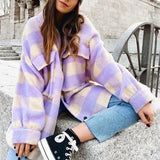 Buttons Thick Long Cardigan Women Plaid Print Pocket Jackets
