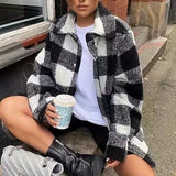 Buttons Thick Long Cardigan Women Plaid Print Pocket Jackets