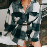 Buttons Thick Long Cardigan Women Plaid Print Pocket Jackets