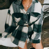 Buttons Thick Long Cardigan Women Plaid Print Pocket Jackets
