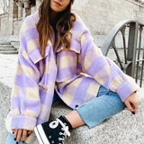 Buttons Thick Long Cardigan Women Plaid Print Pocket Jackets