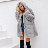 Simplee Vintage fluffy hoodie faux fur coat women Winter grey jacket