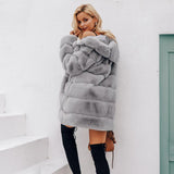 Simplee Vintage fluffy hoodie faux fur coat women Winter grey jacket