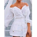 Casual White Cotton Dress Pockets Women Off Shoulder Long Sleeve