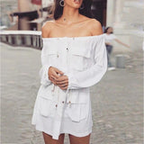 Casual White Cotton Dress Pockets Women Off Shoulder Long Sleeve