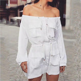 Casual White Cotton Dress Pockets Women Off Shoulder Long Sleeve
