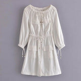 Casual White Cotton Dress Pockets Women Off Shoulder Long Sleeve
