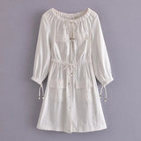 Casual White Cotton Dress Pockets Women Off Shoulder Long Sleeve