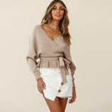 Women's Wrap V Neck Long Batwing Sleeve Belted Waist Ruffle Knitted