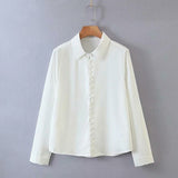 Winter Notched Women's White Shirt Long Sleeve Pearl Buttons